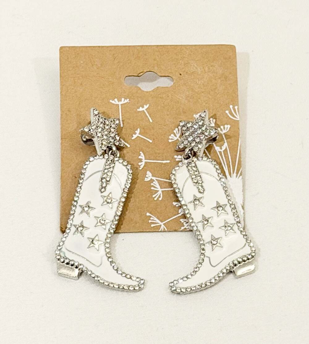 Idyllwind Western Themed White Rhinestone Cowboy Boot Star Earrings